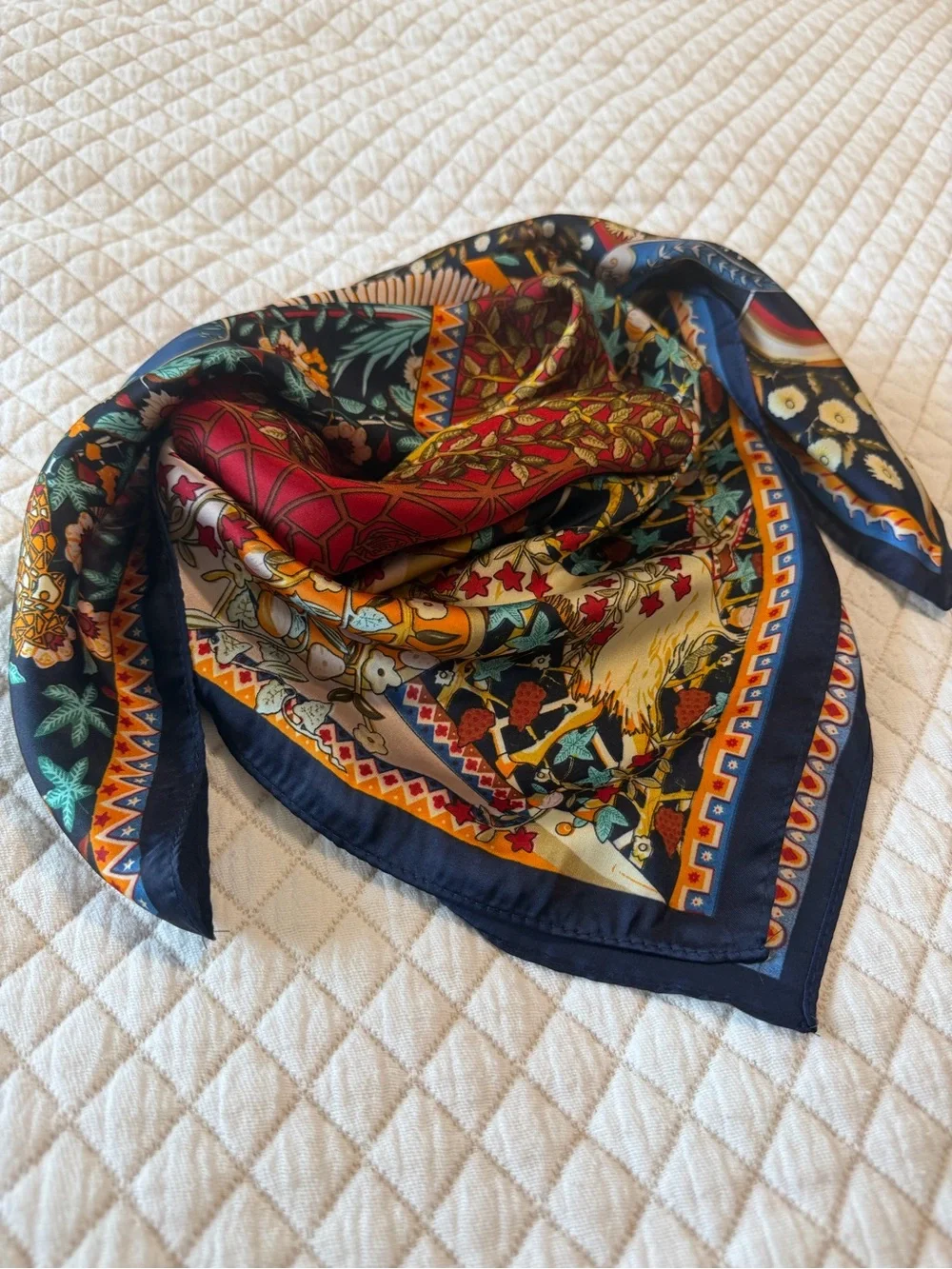 Vintage Style 100% Silk Scarf - Elegant Floral & Tree Print